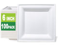 GreenWorks 100 Count 6 Inch Small Square Compostable plates, Heavy Duty Bagasse and Bamboo Fiber Plates - size: 6 Inch