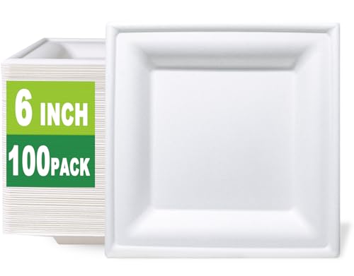 GreenWorks 100 Count 6 Inch Small Square Compostable plates, Heavy Duty Bagasse and Bamboo Fiber Plates - size: 6 Inch