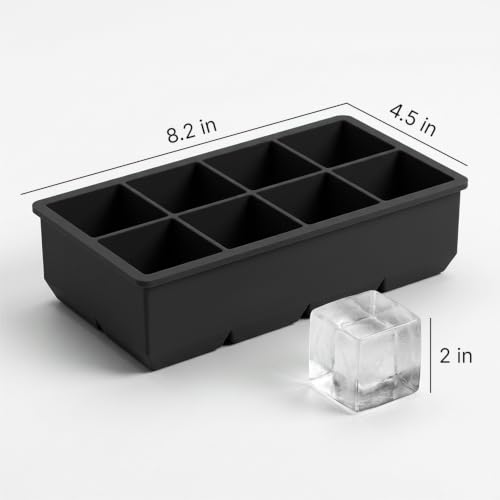 Ice Cube Molds, 2 Pack Silicone Trays for 8 Large Square Cubes - color: 2" Cube (Black)