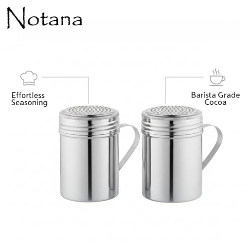 Stainless Steel 10 Ounce Dredge Shakers with Handle for Powder Sugar, Flour Duster for Baking, Seasoning Shaker, Salt and Pepper Shakers, Cinnamon Sugar Dispenser for Kitchen (2-PACK)