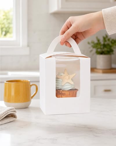 qiqee 100Pcs Auto Pop-up Cupcake Boxes Individual Cupcake Holders Disposable White Single Cupcake Boxes with Window 3.7"x3.7"x4.5" Cupcake Containers - color: White, size: 100Pcs, One Holder