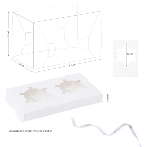 20 Packs 2 Count Clear Cupcake Boxes Cup Cake Holder Containers with Gift Ribbon Cookies Muffins Packaging for Party Baking Wedding plastic Cupcake Carrier for Treat Dessert