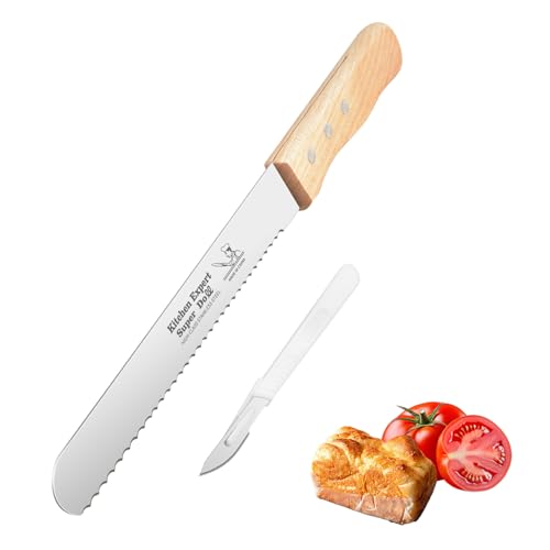 2-Pack Bread Knife & Bread Lame Set: 10" Premium Stainless Steel Serrated Knives Blade with Wood Handle for Homemade Bread, Sourdough Tomato, Bagel + Dough Scoring Tool for Razor Sharp Carving - size: 10 inches