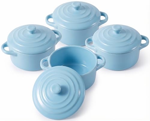 4 Piece Ceramic Cocotte Set, Mini Casserole Pots, 16 Oz, Sky Blue