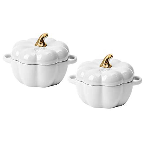 Pumpkin Bowl Set with Lid and Handle, Set of 2 Ceramic Ramekins for Baking, Casserole Dish Individual Severing Pot, Stoneware, Oven Safe, 14 Oz (White) - color: White
