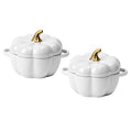Pumpkin Bowl Set with Lid and Handle, Set of 2 Ceramic Ramekins for Baking, Casserole Dish Individual Severing Pot, Stoneware, Oven Safe, 14 Oz (White) - color: White