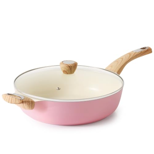 SENSARTE Ceramic Nonstick Frying Pan Skillet with Lid, 12 Inch Large Deep Frying Pan, 5 QT Saute Pan, Induction Pan, Healthy Non Toxic Cooking Pan with Helper Handle, PFOA PFAS PTFE Free - color: Pink, size: 5QT / 12IN