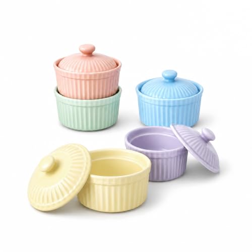 Small Ramekins with Lids, 5.5 Oz Full Capacity Ceramic Souffle Bowls, 5 Pcs - color: All Color