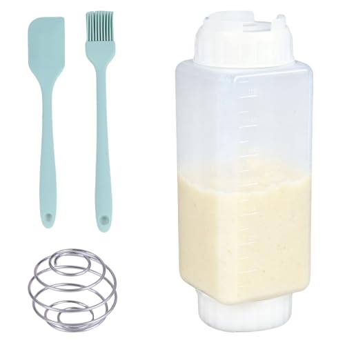Pancake Batter Dispenser Bottle with Mixing Balls, Clear Measuring Squeeze Container, Leakproof Cap,Batter Mixer Tool for Waffles, Crepes, Cupcakes with Spatula and Brush - Rounded