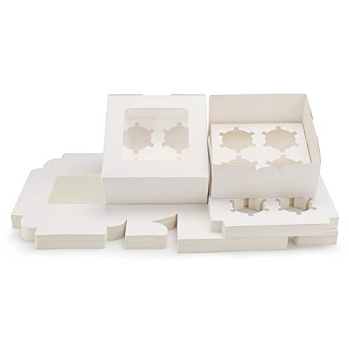 EUSOAR Muffin Boxes, 50pcs 6.4" x 6.3" Kraft Cupcake Boxes 4 Count White Color Muffin Containers, Cupcake Carrier with Insert and Display Window Fits 4 Cupcakes or Muffins - color: White, size: 50pcs, 4 Holders