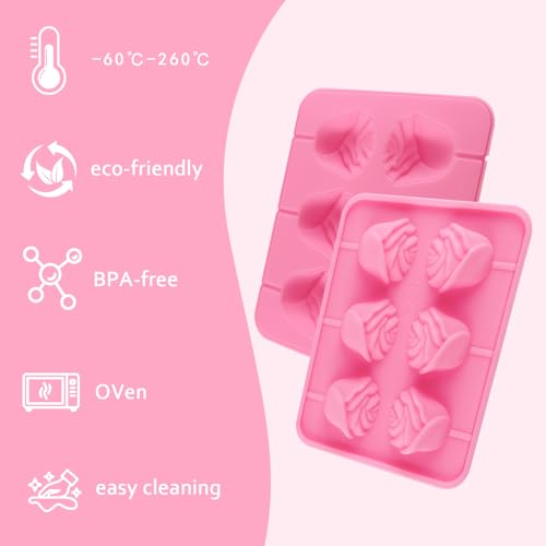 Rose Cake Pop Mold Kit 2 Pack Rose Lollipop Mold Flower Sucker Molds Flower Lollipop Baking Molds Tray with 300pcs Lollypop Sucker Sticks and Bags for Chocolate Jelly Hard Candy Cake Cupcake - color: Rose