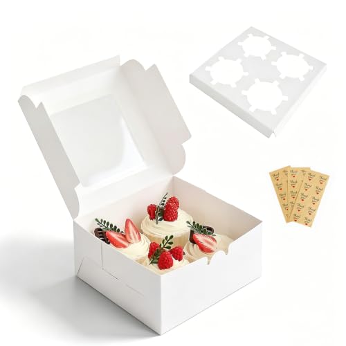 Cupcake Boxes 4 Count with Window, Bakery Boxes, Muffin Containers, Food Grade, Easy Assembly for Candies, Mini Cakes and Baked Goods - 6.3x6.3x3, 30 Pack - size: 6.3x6.3x3 inch