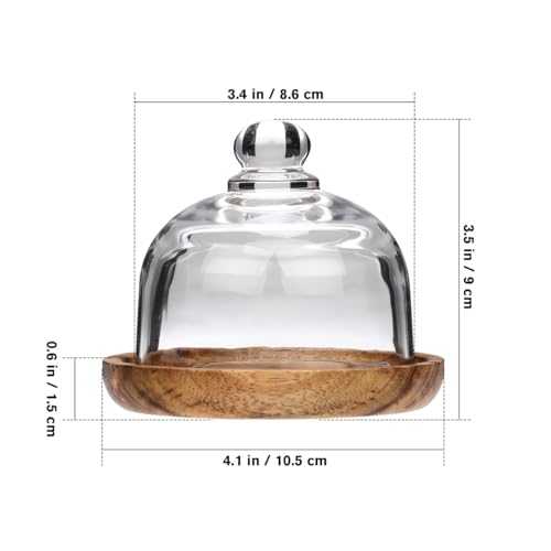 Yardwe 2 Pack Mini Cake Stand with Glass Dome Lid - 3.4" Small Dessert Dome Wood Base - Cupcake Cloche Cover for Pastries Cheese Charcuterie - Clear Glass Plate Server for Individual Portion Display