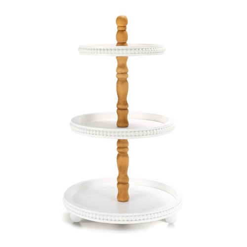 SYNCVIBE Wooden Farmhouse Round White 3 Tiered Decorative Tray Stand - color: white