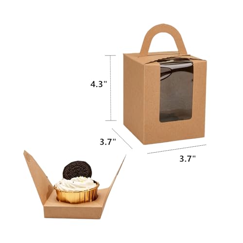 120 Pack Single Cupcake Box, Kraft Paper Individual Cupcake Container with Window Inserts, Brown Cupcake Packaging Box with Handles for Muffin, Cocoa Bomb, Party Favor Pastry Treat Boxes