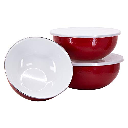 Golden Rabbit Enamelware Nested Mixing Bowls with Lids, Set of 3, Solid Red Textured - color: Solid Red Textured