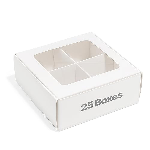 25 pcs White Mini Cookie Boxes with 4 treats Windows and Dividers, Bakery Boxes, 6 x 6 x 2.4 Inches SMALL Baking Boxes, Square Cookies Box Decorating Supplies for Gift Giving - color: White