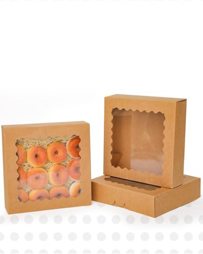 qiqee 10x10x2.5 Inch Brown Pie Boxes with Window 12Packs Cookie Donut Bakery Box (Auto-pop Up) - color: 12Packs, Brown