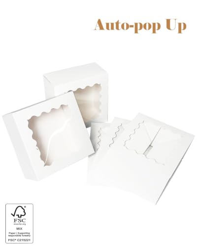 qiqee Auto-pop up Cookie Box with Window 6"x6"x3" 120Pcs Bakery Box White - color: 6x6x3, 120Pcs,White