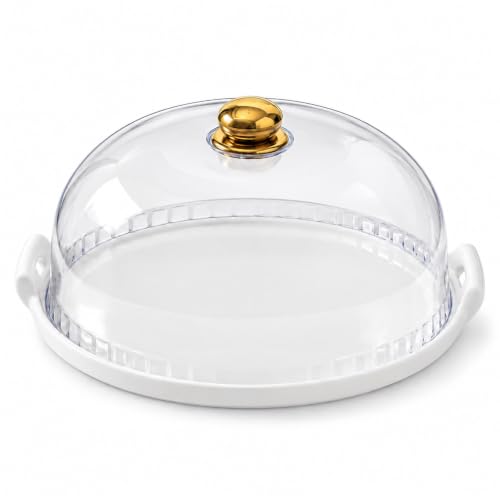 11.4-Inch Ceramic Cake Stand with Lid, White Round Cake Plate with Clear Acrylic Dome Cover for Cakes, Cookies, Pastries and Fruit