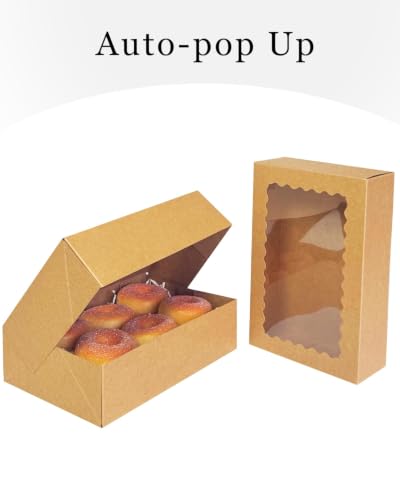 qiqee Auto-pop up 9x6x2.5 Inch Brown Cookie Box with Window 30Pcs Pastry Macaron Bakery Box for Packaging - color: 9x6x2.5, 30Pcs, Brown