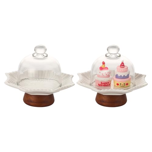 2 Pack 5.2 in Mini Ceramic Cake Stands with Glass Dome Covers, White Pedestal Dessert Display Plates with Acacia Wood Feet for Macarons, Cupcakes, Candy, Cheese and Tea Parties - color: Two 5.2-inch mini ceramic dessert cups