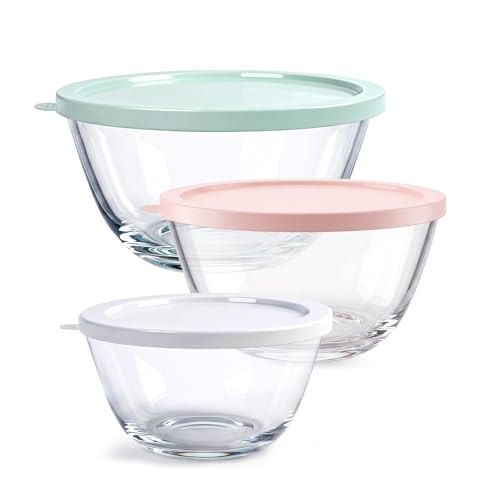 Greentainer Borosilicate Glass Mixing Bowls with BPA-Free Lids Set of 3 (2.9, 1.6, 0.7 QT), Clear Salad Bowl for Kitchen Baking, Cooking, Serving, Meal Prep, Dishwasher, Freezer & Microwave Safe