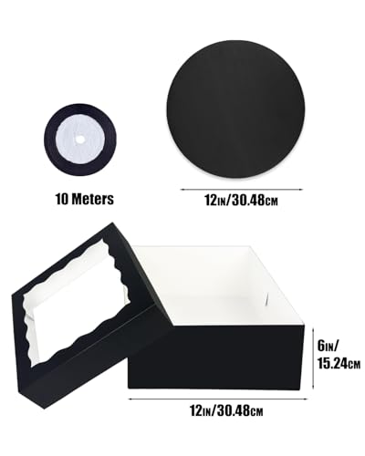 qiqee 12x12x6 Cake Box, 18 Sets Black Cake Box with Window ＆ 18 Sets 12" Cake Round Boards, 12inch Cake Containers, 10 Meters Silk Ribbon - color: Black, size: 18 Sets /12x12x6