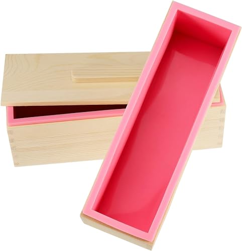 3PCS 47oz Silicone Soap Kit, Pink Rectangular Silicone Loaf Soap Making with 3 Wooden Boxes and 3 Lids, DIY Supplies for Soap Making - color: Pink
