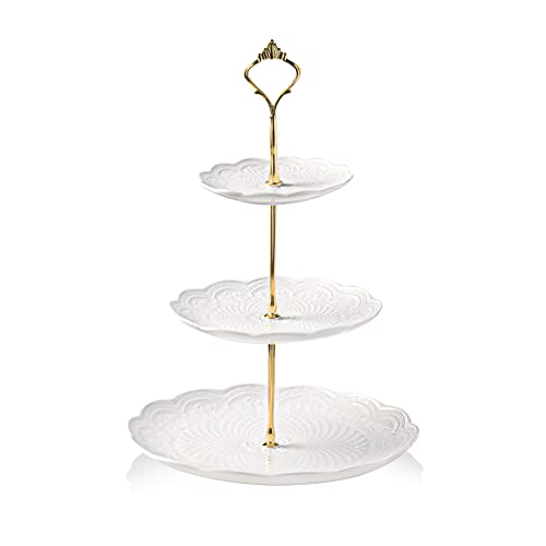 Sweejar 3 Tier Ceramic Cake Stand Wedding, Dessert Cupcake Stand for Tea Party Serving Platter(Rose White) - color: Rose White