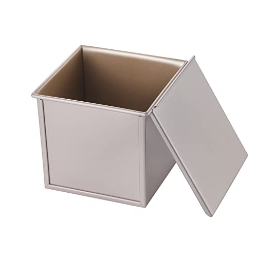 CHEFMADE Square Pullman Loaf Pan with Lid, 1Lb Dough Capacity Non-Stick Rectangle Flat Toast Box for Oven Baking 5.3" x 5.3"x 5.2"(Champagne Gold) - size: 03 - 1Lb Dough-Cap. Flat