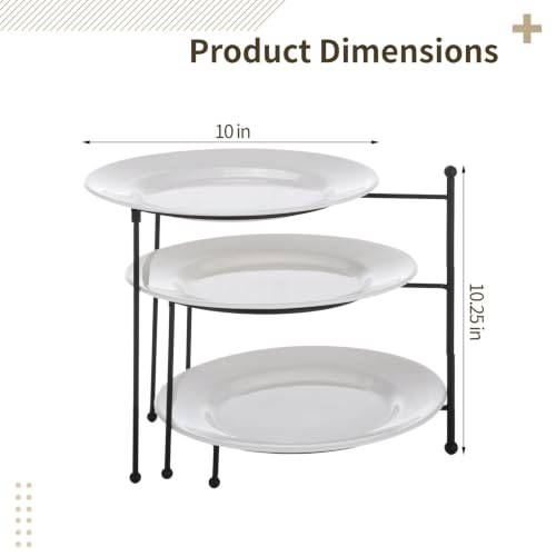 3 Tier Serving Stand, 10.25 in Metal Display Holder with 3Pcs 10 in White Melamine Plates, Black Metal Dessert Tray for Party, Snack, Fruit, Home Buffet Table