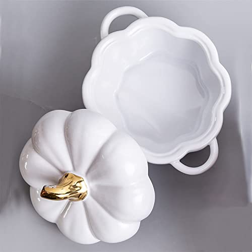 Pumpkin Bowl Set with Lid and Handle, Set of 2 Ceramic Ramekins for Baking, Casserole Dish Individual Severing Pot, Stoneware, Oven Safe, 14 Oz (White) - color: White