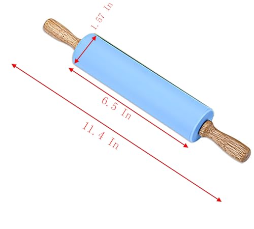 Silicone Rolling Pin, 9 Inch Green Rolling Pin with Wooden Handle for Kneading the Dough of Cookie, Baking Bread, Pizza and Noodles (Blue, 11.4 inch) - color: Blue, size: 11.4 inch