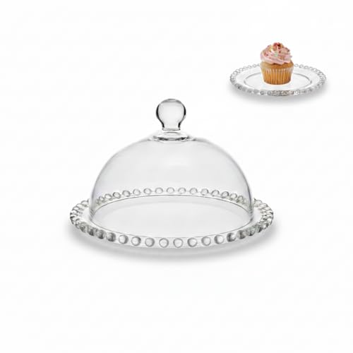 Clear Glass Mini Cake Stand with Dome, 4.5" Beaded Rim Dessert Display Plate for Cupcakes, Pastries, Cheese, Butter, and Table Decoration