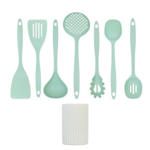 Glad Kitchen Utensils Set, 8pcs - Nonstick Cooking Tools with Utensil Holder - Nylon Spoon, Ladle, Skimmer, Spaghetti Server, and Turner Spatula Set - Dishwasher Safe, Teal Green - color: Teal Green, size: 8-piece Set
