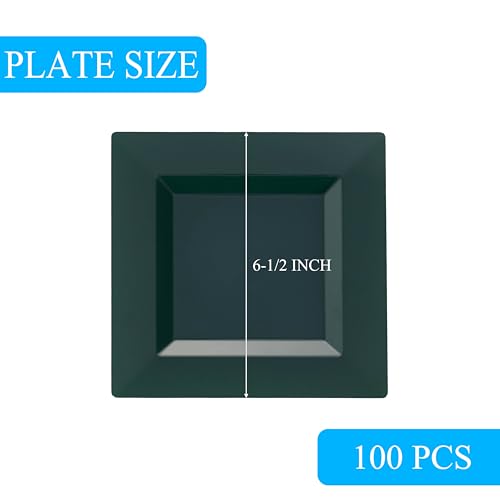 100 Pack Green Plastic Square Dessert Plates, 6.5" Disposable Salad Plates - color: Green