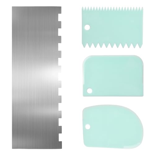 4Pack Stainless Steel Scraper Set 8.66Inch(22cm) Double-Sided Patterned Edge Comb & 3Pcs Shape Scrapers