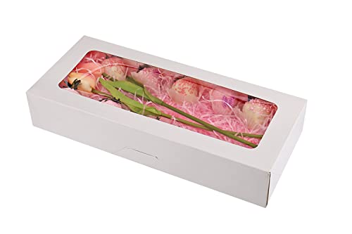 RIFMEAE 24-Pack 14" x 6" x 2.5" Cookie Boxes with Window, Strawberry Boxes, Auto-Popup Bakery Boxes, White Treat Boxes for Strawberries, Cookies, Muffins and Pastries