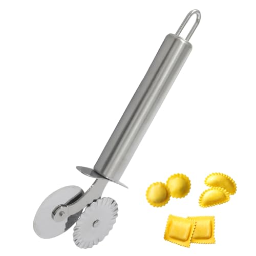 Pastry Cutter Double Wheel, Stainless Steel Pastry Wheel Cutter Tool for Pizza, Pasta, Ravioli, Cookie, Cheese Slicer - 6.5 Inch Dual-Head Baking Utensil - color: Silver