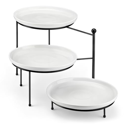 MALACASA 3 Tier Round Rotating Cupcake & Cake Stand, Porcelain Serving Tray - color: White