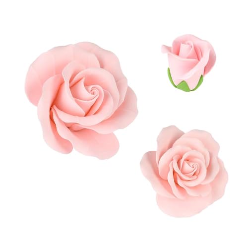 O'Creme Garden Roses Gumpaste Flower Set - Pink Edible Flowers for Cake Decorating - Sugar Flowers for Cakes, Candy, Cupcakes - Birthday, Wedding, Valentines, 3 Different Sizes, 2 of Each - color: Pink