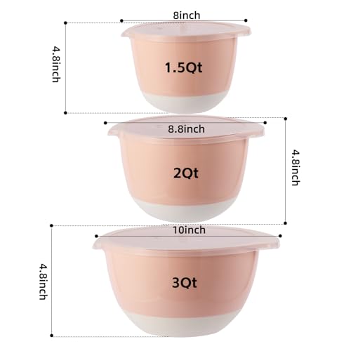 3 Small Mixing Bowls Set with Lids,Grips,Pour Spout and TPR Bottom, Plastic Nesting Bowl Use for Kitchen Cooking-Prep,Serving,Baking Bread Cake,Pancake,Non-slip,3Qt,2Qt,1.5Qt,Pink - color: Pink