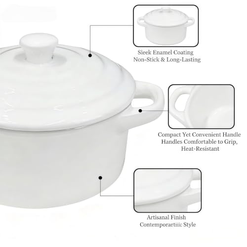 Mini Dutch Oven Set of 4, 14 oz Ceramic Mini Dutch Ovens with Lids and Handles, Ramekins with Lids for French Onion Soup, Pot Pies, Soufflés and Baked Desserts, Oven Microwave Dishwasher Safe, Mini Cocotte, White - color: White