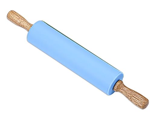 Silicone Rolling Pin, 9 Inch Green Rolling Pin with Wooden Handle for Kneading the Dough of Cookie, Baking Bread, Pizza and Noodles (Blue, 11.4 inch) - color: Blue, size: 11.4 inch