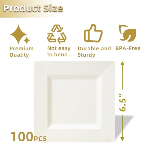 100 Pack Ivory Plastic Square Dessert Plates, 6.5" Disposable Salad Plates - color: Ivory