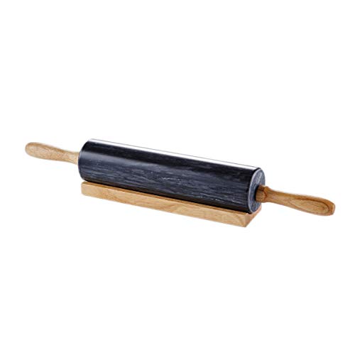 JEmarble Rolling Pin-Wooden Handles(Black)(Premium Quality) Polished Surface 18-inch(10"Barrel) Genuine Stone Non-stick Save Effort Easy to Clean - color: Wooden Handle(Black)