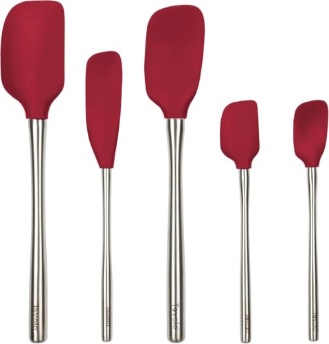 Tovolo Stainless Steel Handled Silicone Spatula Set of 5 Cayenne Red, Dishwasher Safe Kitchen Spatula Set for Cooking Baking, Non Toxic BPA Free Silicone Spatula set with Metal Steel Handle - color: Cayenne, style: Stainless Steel Handle