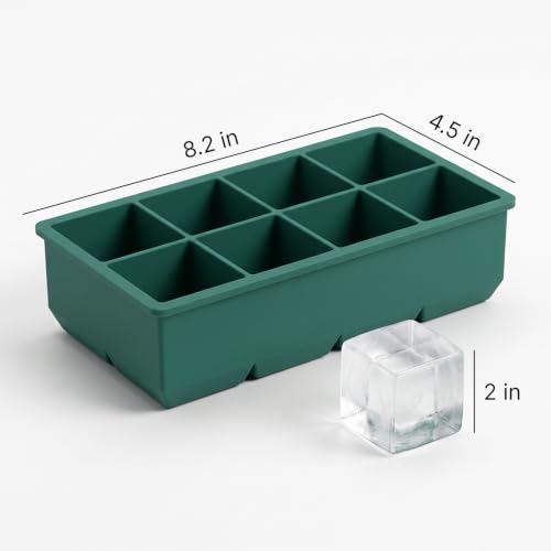 Ice Cube Molds, 2 Pack Silicone Trays for 8 Large Square Cubes - color: 2" Cube (Green)