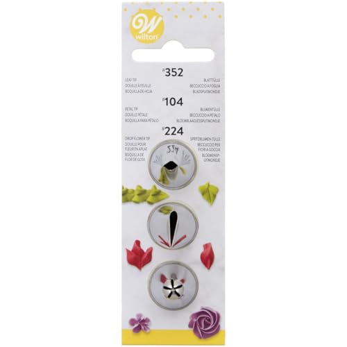 Wilton Decorating Tip Set 3/Pkg-#104 Petal/#352 Leaf/#224 Flower